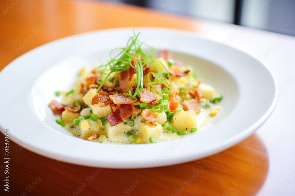 corn chowder with bacon bits and chive topping corn chowder with bacon bits and chive topping