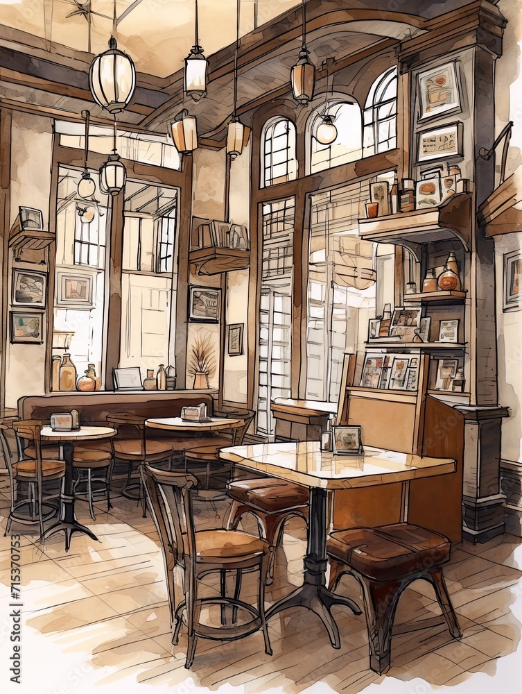 Earth Tones Art: Atmospheric Coffee Shop Sketches & Neutral Cafe Decor