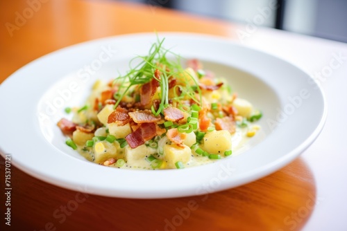 corn chowder with bacon bits and chive topping