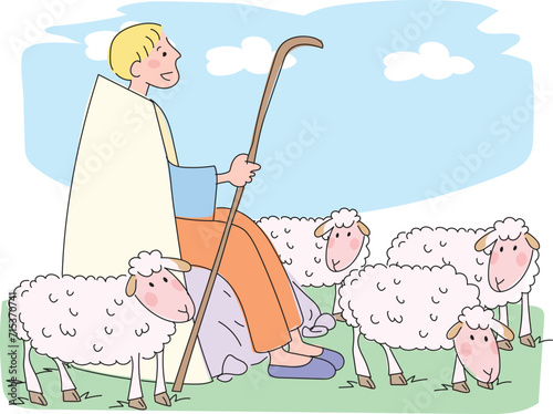 A shepherd grazing his sheep in the green field.