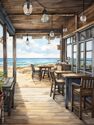 Atmospheric Coffee Shop Sketches: Ocean Wall Decor for a Beachfront Coffee Spot