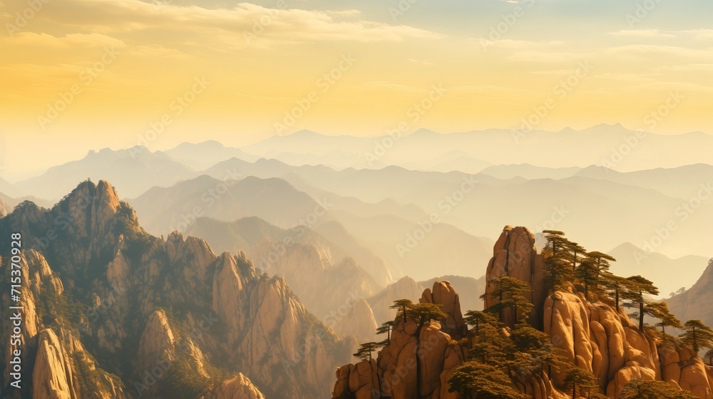 Mount Huangshan Yellow Mountains in Anhui China Wallpaper Background Beautiful Nature Landscape Morning Evening Sky Panorama Concept of Adventure Travel Eco Tour with Copy Space 16:9 - obrazy, fototapety, plakaty 