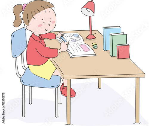 Little female student studying at her desk.
