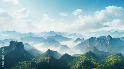 Mount Huangshan Yellow Mountains in Anhui China Wallpaper Background Beautiful Nature Landscape Morning Evening Sky Panorama Concept of Adventure Travel Eco Tour with Copy Space 16:9