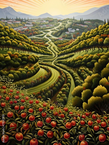 Autumnal Orchard Rows: A Serene Idyllic Island Artwork Embracing the Lushness of Orchards photo