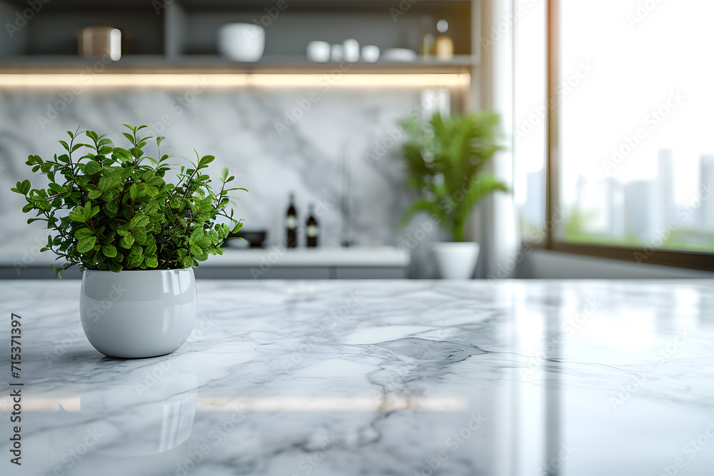 Marble Stone Countertop in a Stylish Kitchen Interior Marble Stone Countertop in a Stylish Kitchen Interior