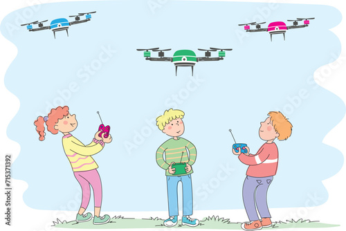 Children flying a drone with a remote control.