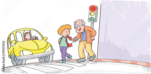 Child helping old man cross the street.