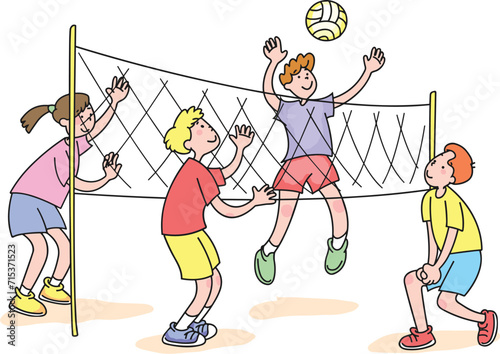 Little children playing volleyball together.