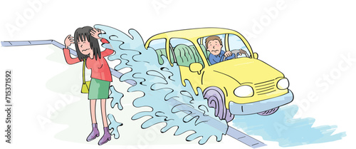 A car splashing water on a girl walking on the sidewalk. The unlucky girl gets soaking wet.