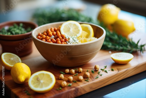 roasted chickpeas in wooden bowl with lemon slices