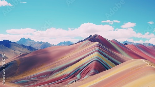 Rainbow Mountains in Peru Vinicunca Cusco Region Montana de Siete Colores Wallpaper Background Beautiful Nature Landscape Blue Sky Panorama Concept of Adventure Travel Eco Tour with Copy Space 16:9