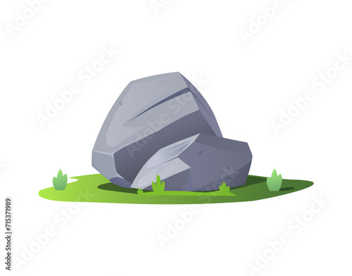 Stone rocks on the lawn, cobblestones, debris of the mountain, two granite stones block round shape vector grey boulders