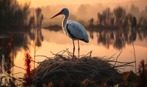A solitary stork stands gracefully on its nest during a misty sunrise in a tranquil wetland sanctuary