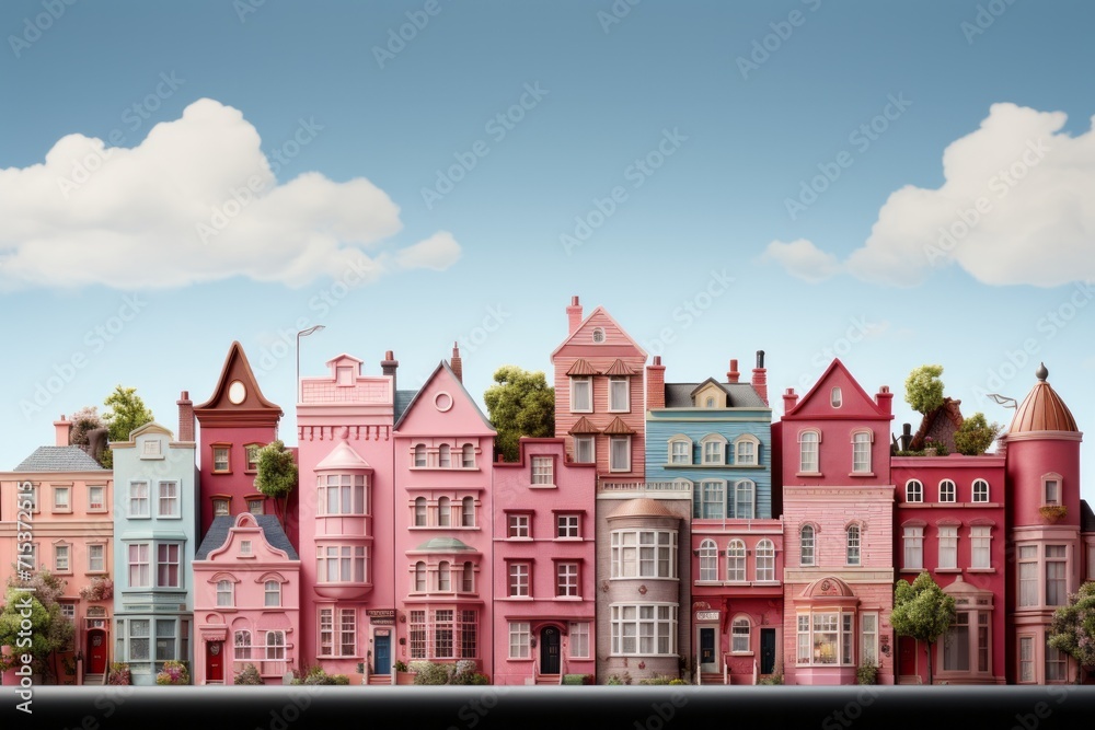 Traditional Row Houses Aerial Scene, on an isolated Vintage Rose background, Generative AI
