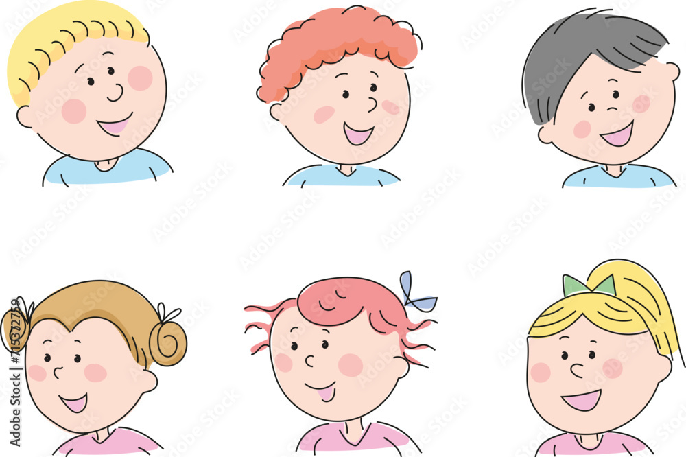 Set of different boys and girls head drawings. Young children's heads. Set of different boys and girls head drawings. Young children's heads.