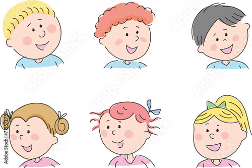 Set of different boys and girls head drawings. Young children's heads.