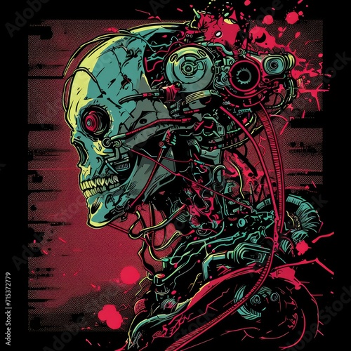 t-shirt design, zombie x mecha, vivid color, vector