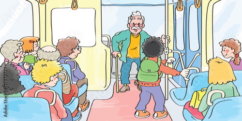 The little student boy gave his seat to the old man on the bus.