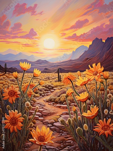 Radiant Skies: Blooming Desert Florals - A Sunset Painting of Desert Flowers