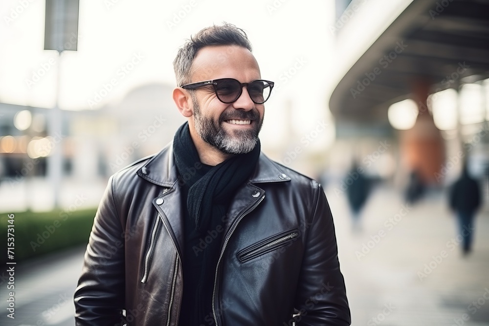 Handsome middle-aged man in black leather jacket and sunglasses Handsome middle-aged man in black leather jacket and sunglasses