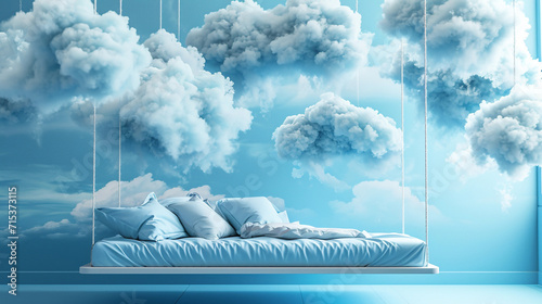 A bed that floats in the clouds, the color blue