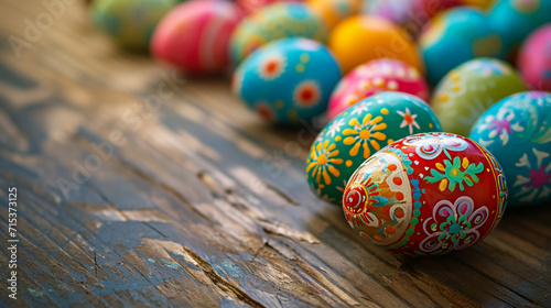 Traditional colored eggs on a table, pattern