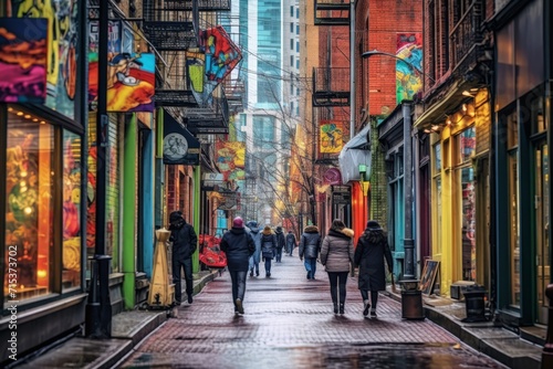 Vibrant walk street in a lively business district  capturing the essence of city life  Generative AI