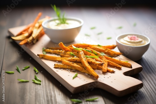 sweet potato fries with chipotle mayo on a slate
