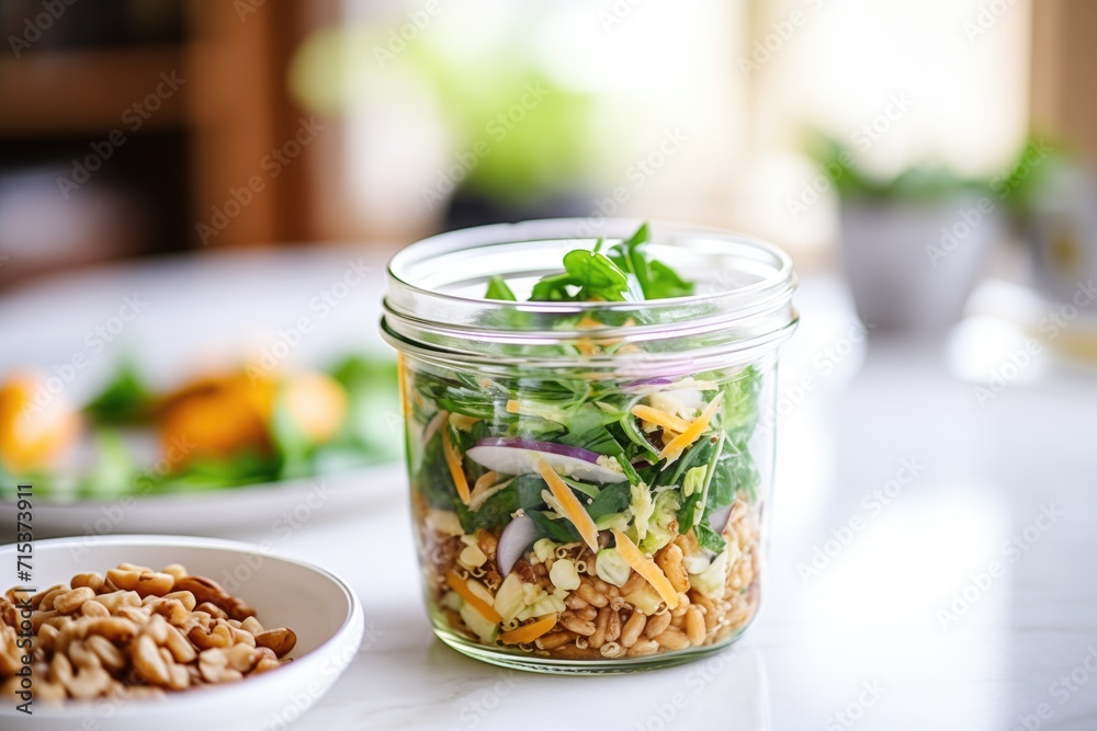 farro salad in glass jar, layered with fresh spinach farro salad in glass jar, layered with fresh spinach