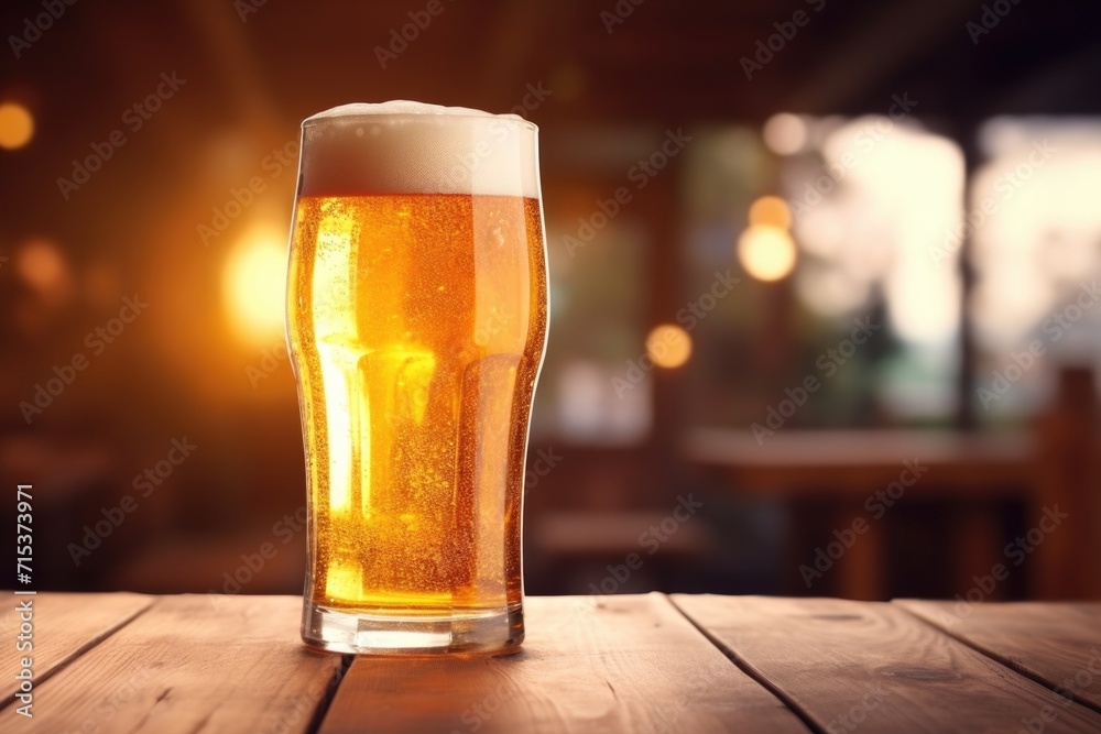 Closeup of cold beer in a dark pub with sunset light