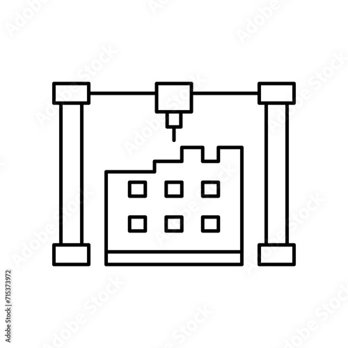Printing modular city house construction, line icon. Building home from prefabricated panels. Modern prefab fast technology in building and architecture. Editable stroke. Vector outline