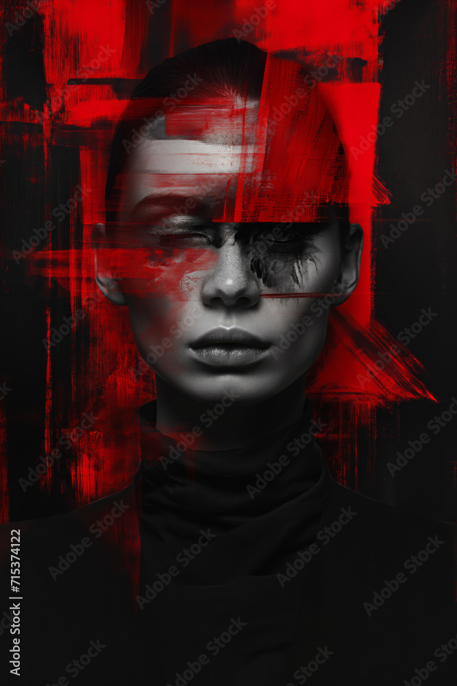 Trendy modern portrait of a girl, guy in red and black colours Trendy modern portrait of a girl, guy in red and black colours