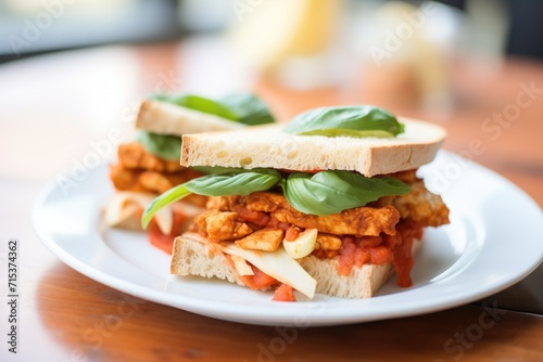 italian tempeh sandwich with marinara sauce and vegan mozzarella