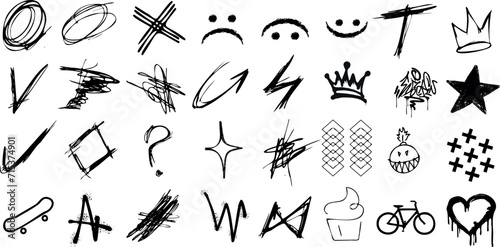 Urban art, graffiti vector icons set. Street art, spray paint tags, arrows, crown, stars