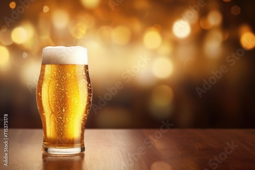 Chilled beer on table with bar background.