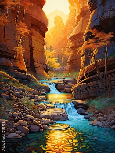 Golden Hour Cascading Canyon Rivers: Artful Waves of Glowing Waters