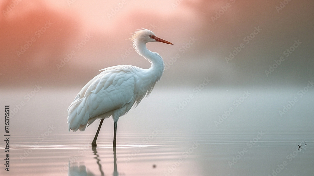 Naklejka premium A minimalist crane in a peaceful pose, rendered in soft pastel hues,