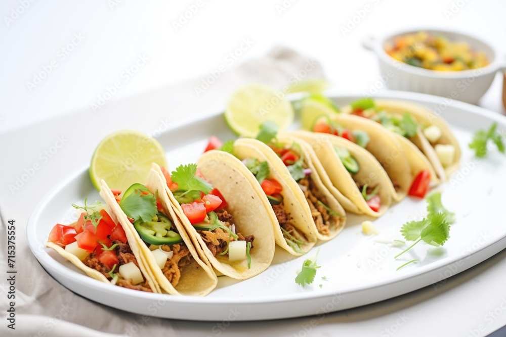 assorted vegan tacos on a white platter assorted vegan tacos on a white platter