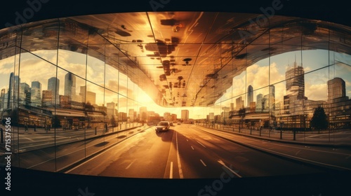  a car driving down a city street with tall buildings reflected in the windows of the vehicle's rear view mirror.