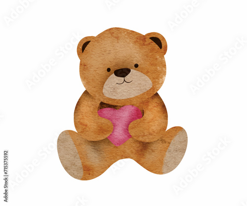 Cute little bear with heart. Vector watercolor іlustration, clip art element, ready to print. Isolated on transparent background, Perfect for invitation, card, banner, decoration, patterns, stickers