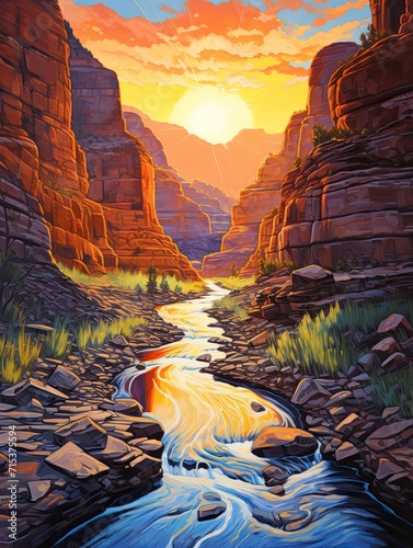Golden Light Reflections: Cascading Canyon Rivers Sunset Painting