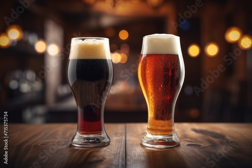 Light and dark beer glasses on pub background.