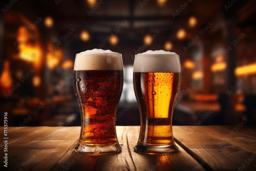 Light and dark beer glasses on pub background. Light and dark beer glasses on pub background.