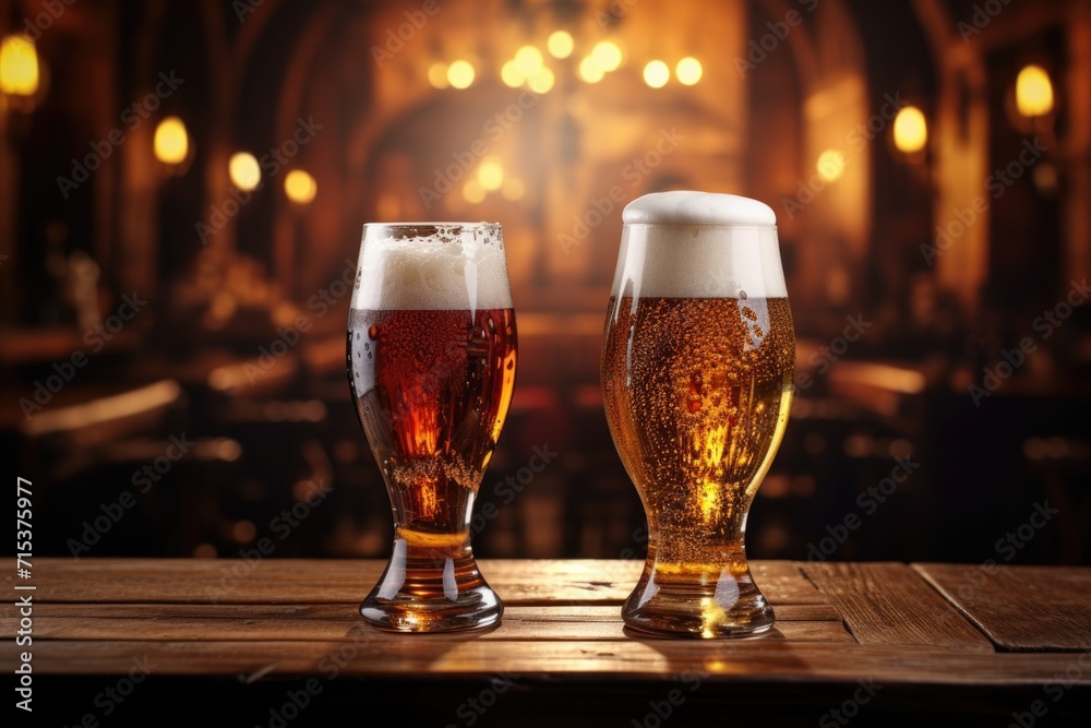 Light and dark beer glasses on pub background.