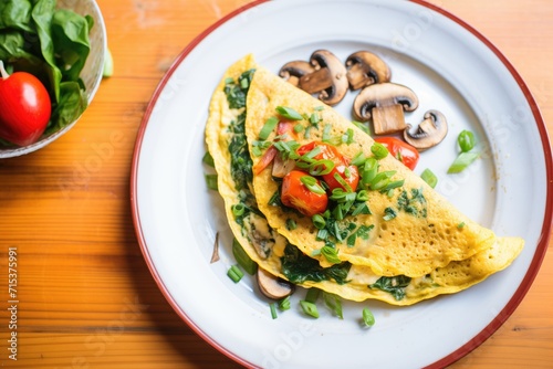 overhead shot of omelette with spinach, mushrooms, and tomatoes