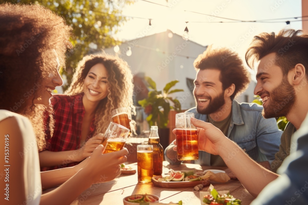 Friends enjoying beer and lunch on sunny terrace. Friends enjoying beer and lunch on sunny terrace.
