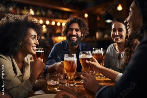 Friends enjoying happy hour at brewery pub photo