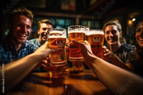 Friends enjoying beer at pub, emphasizing middle pint glass photo