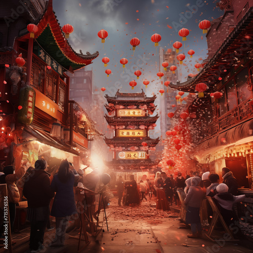 Festive Chinese New Year scene with floating lanterns above a busy traditional street, firecrackers, and historical architecture. 